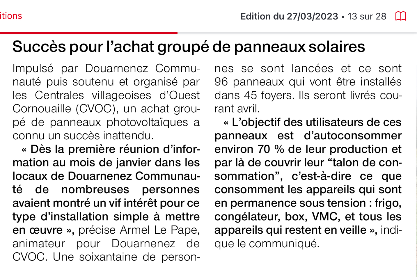 L'article de Ouest-France du 27 mars 2023